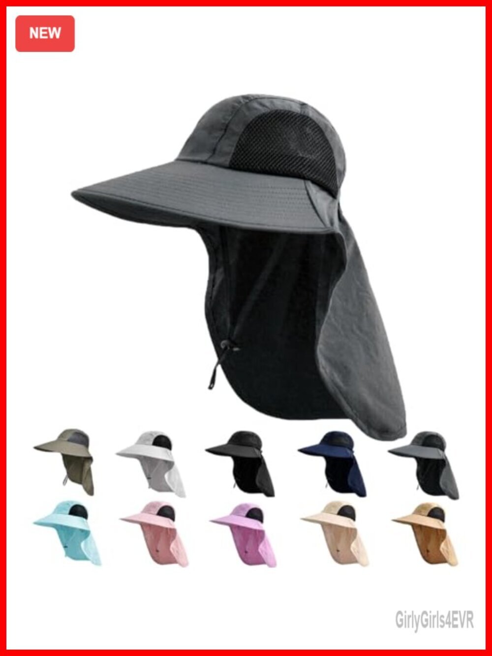 UPF 50+ Wide Brim Sun Hat with Neck Flap & Chin Strap, Nylon, Packable